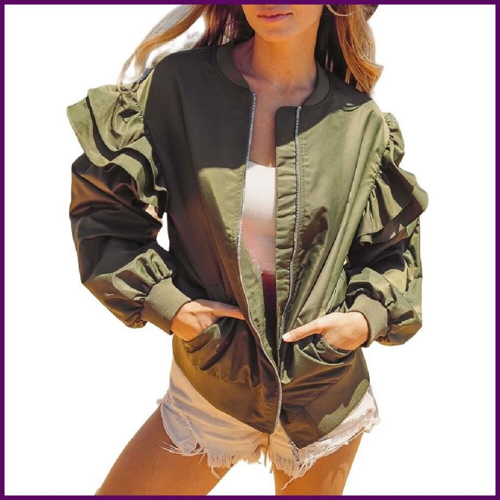 Lightweight Bomber Jacket With Ruffle Sleeves, Zi… - image 3